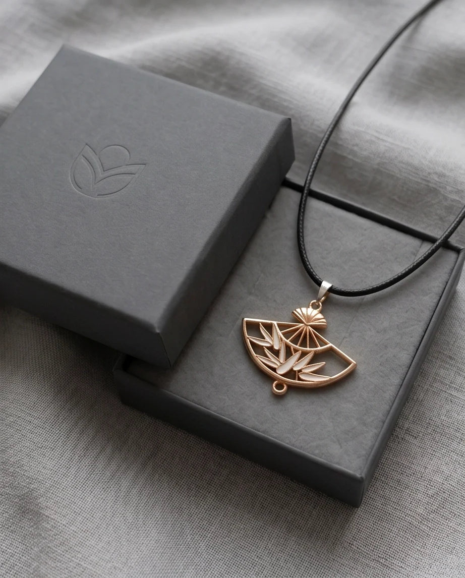 White Leaf Bamboo Fan Pendant Necklace