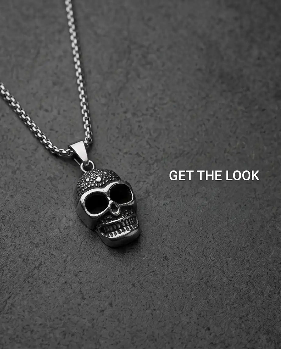 Gothic Textured Skull Pendant Box Chain