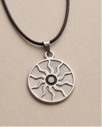 Silver Celestial Sunburst Medallion Cord Necklace