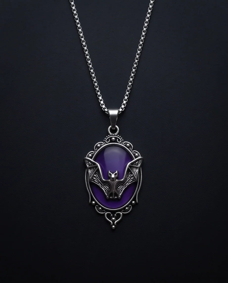 Silver Gothic Bat Purple Enamel Medallion Chain Necklace
