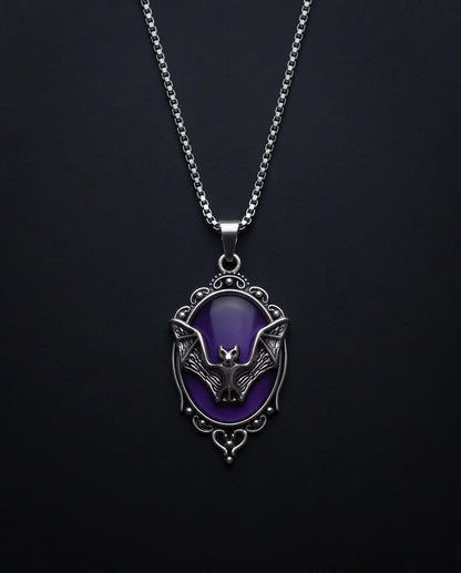 Silver Gothic Bat Purple Enamel Medallion Chain Necklace