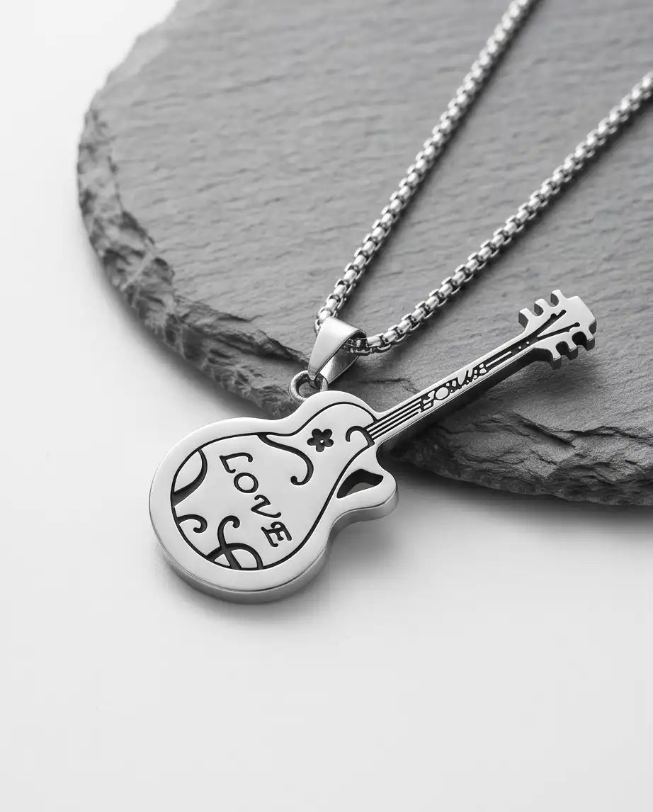 Engraved "Love" Acoustic Guitar Pendant Silver Box Chain Necklace