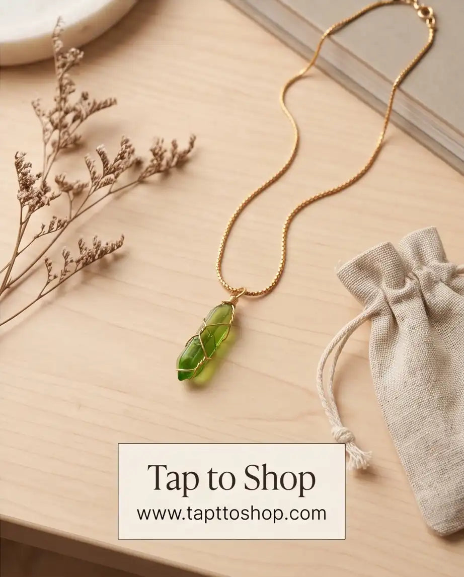 Wire-Wrapped Olive Green Crystal Point Pendant Box Chain