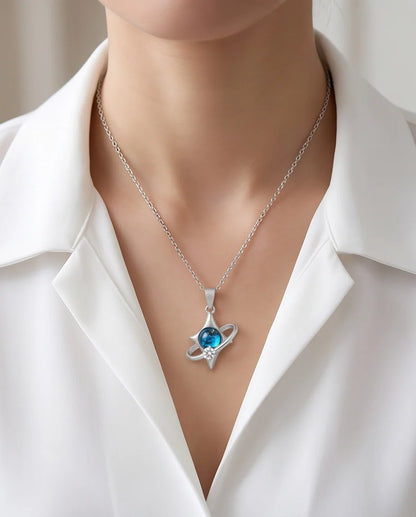 Silver Cosmic Four-Point Star Planet Ring Pendant Necklace
