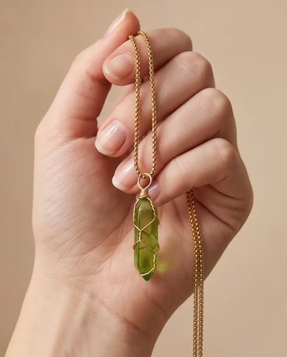 Wire-Wrapped Olive Green Crystal Point Pendant Box Chain
