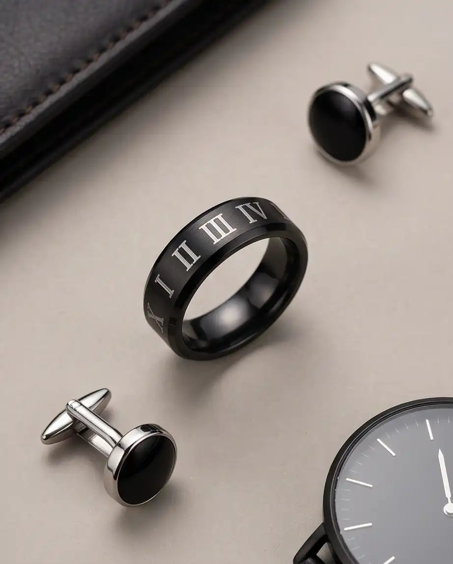 Black Roman Numeral Engraved Band Ring