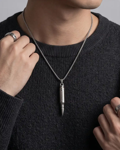 Engraved Bullet Pendant Silver Box Chain Necklace