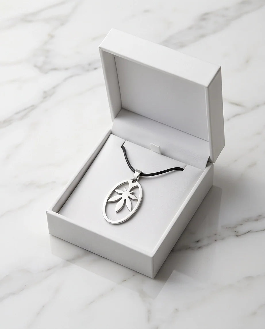 Brushed Silver Leaf Oval Cord Necklace