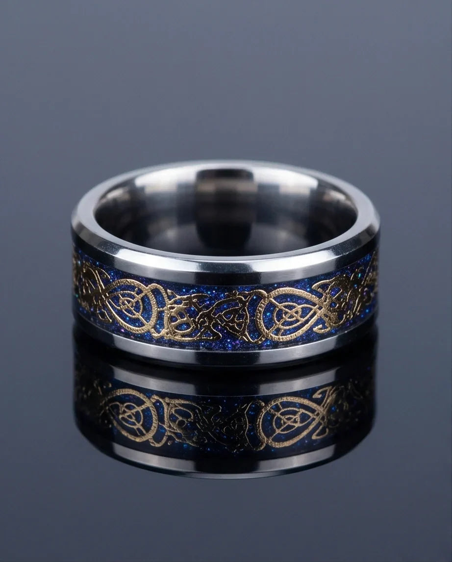 Blue Glitter Celtic Dragon Knot Band Ring