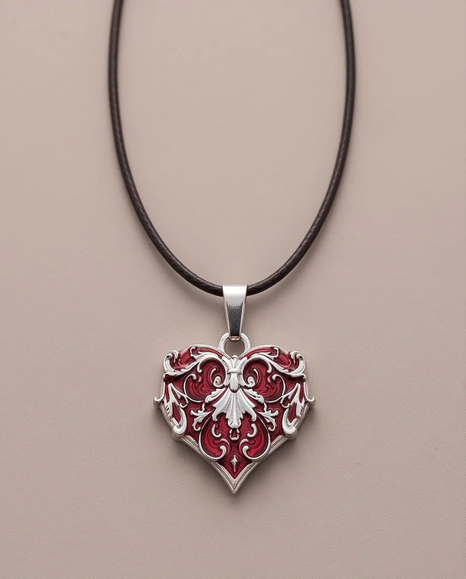 Silver Red Enamel Filigree Heart Pendant Necklace