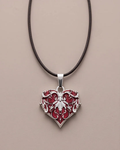 Silver Red Enamel Filigree Heart Pendant Necklace
