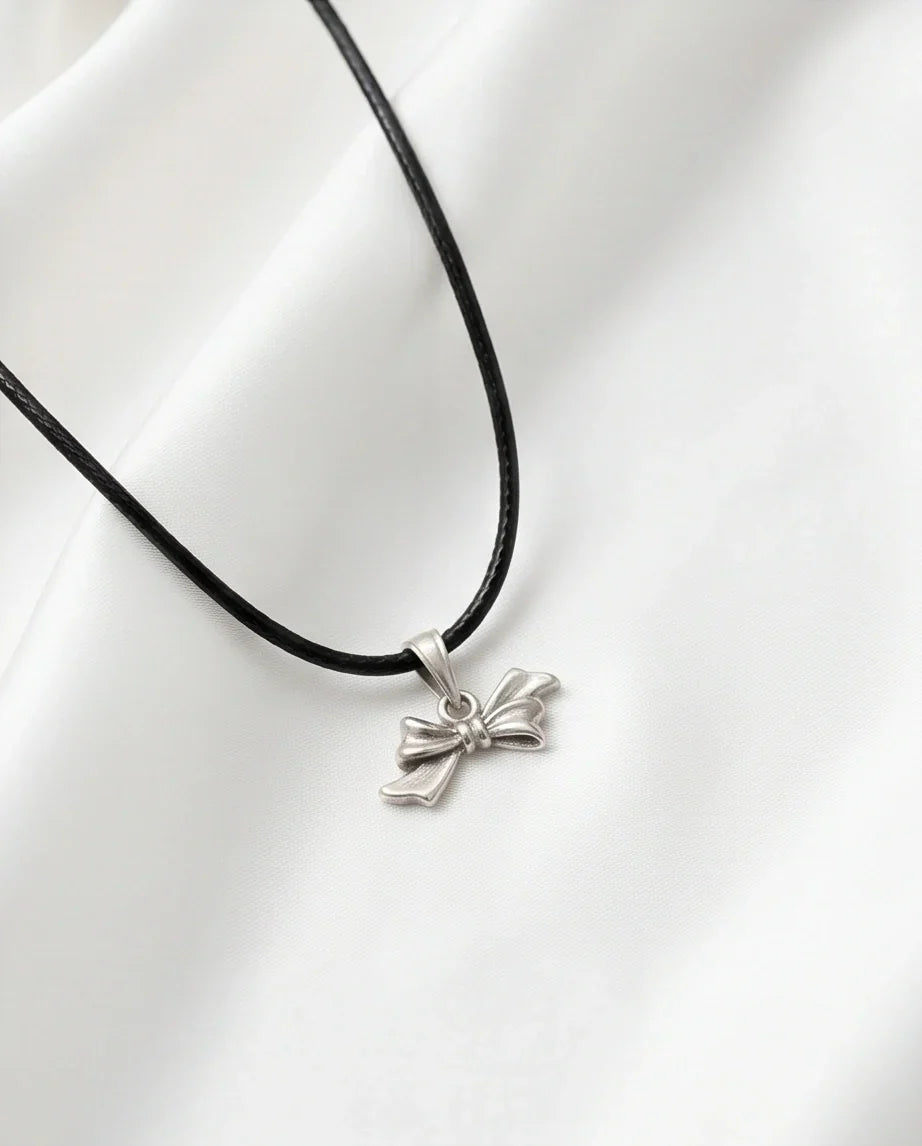 Silver Retro Ribbon Bow Necklace
