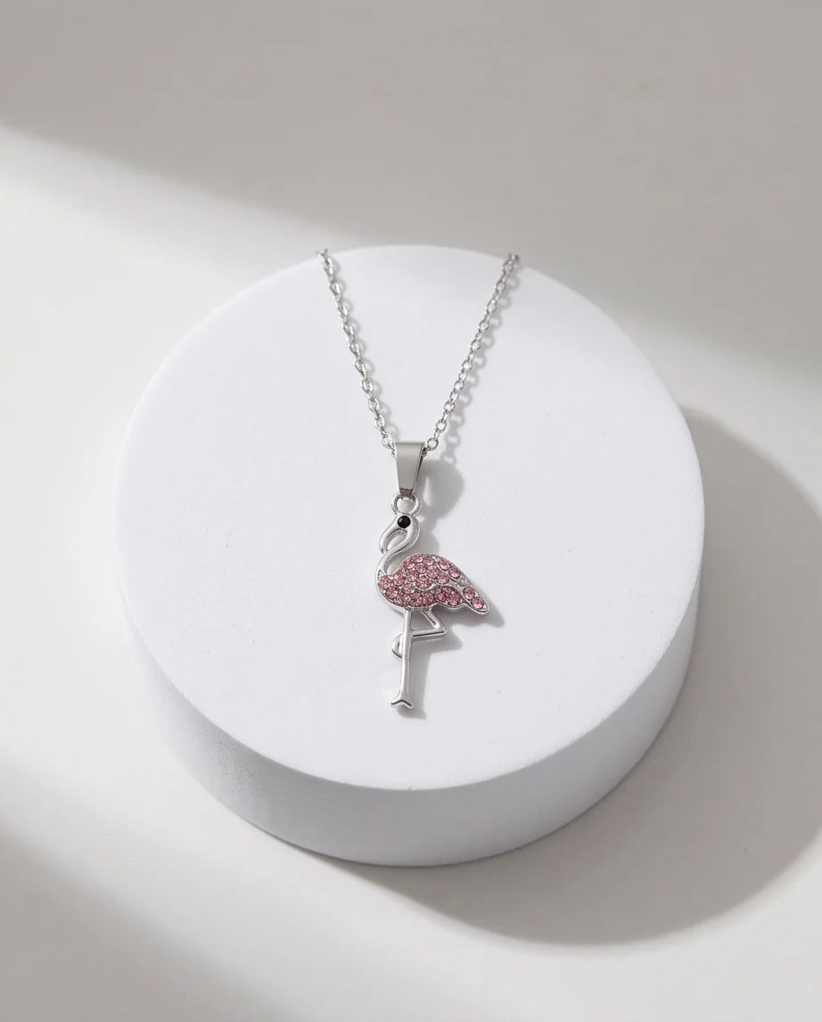 Silver Pink Crystal Paved Flamingo Pendant Necklace