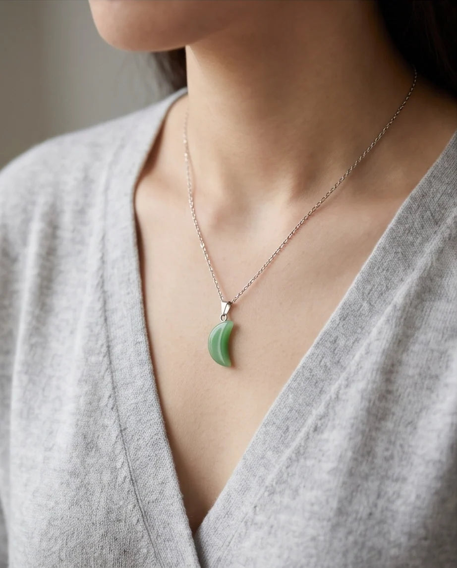 Silver Jade Green Crescent Moon Pendant Necklace