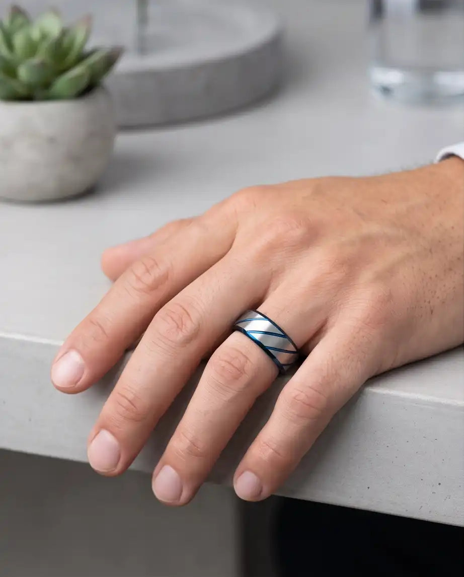 Two-Tone Brushed Silver and Blue Diagonal Groove Band Ring