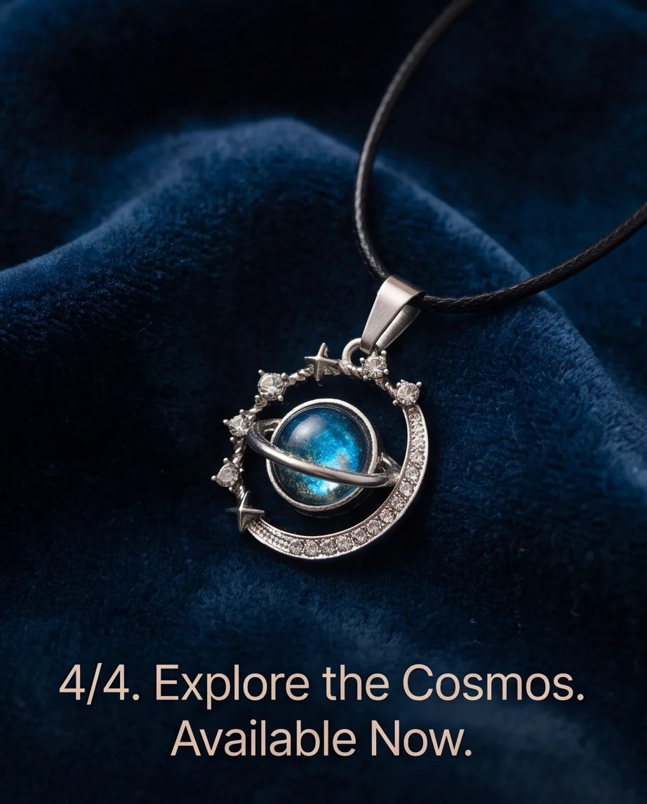 Silver Cosmic Galaxy Planet Crescent Pendant Necklace