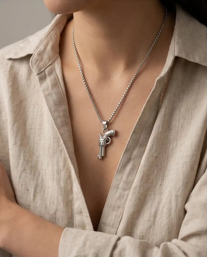 Vintage Revolver Handgun Weapon Pendant Box Chain