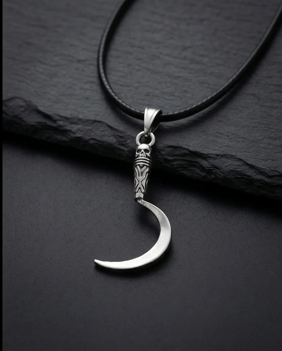 The Reaper's Crescent: Gothic Skull Sickle Pendant Necklace