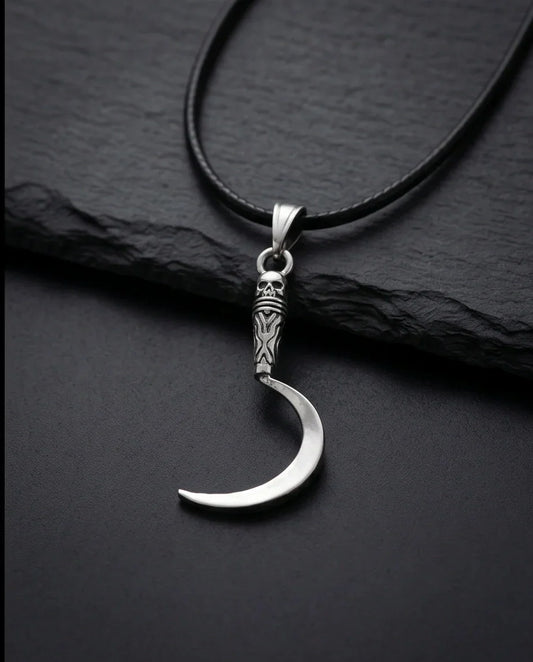 The Reaper's Crescent: Gothic Skull Sickle Pendant Necklace