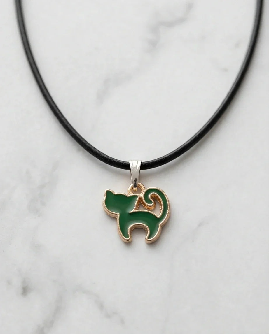 Gold and Green Cat Pendant Necklace