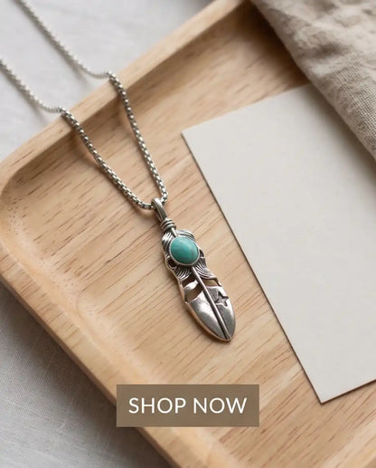 Turquoise Stone Feather Pendant Box Chain