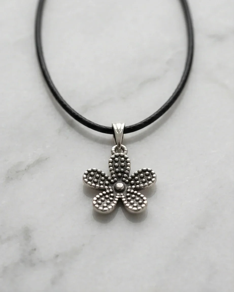 Silver Beaded Textured Flower Necklace