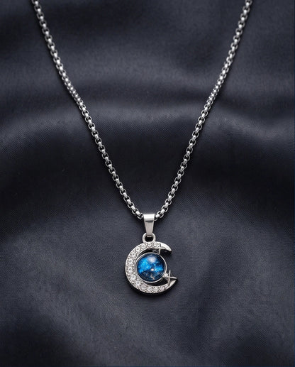 Silver Cosmic Galaxy Crescent Moon Pendant Necklace