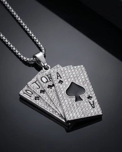 Iced Royal Flush Playing Cards Pendant Silver Box Chain Necklace