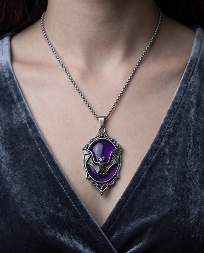 Antique Silver Gothic Bat Purple Enamel Medallion Chain Necklace