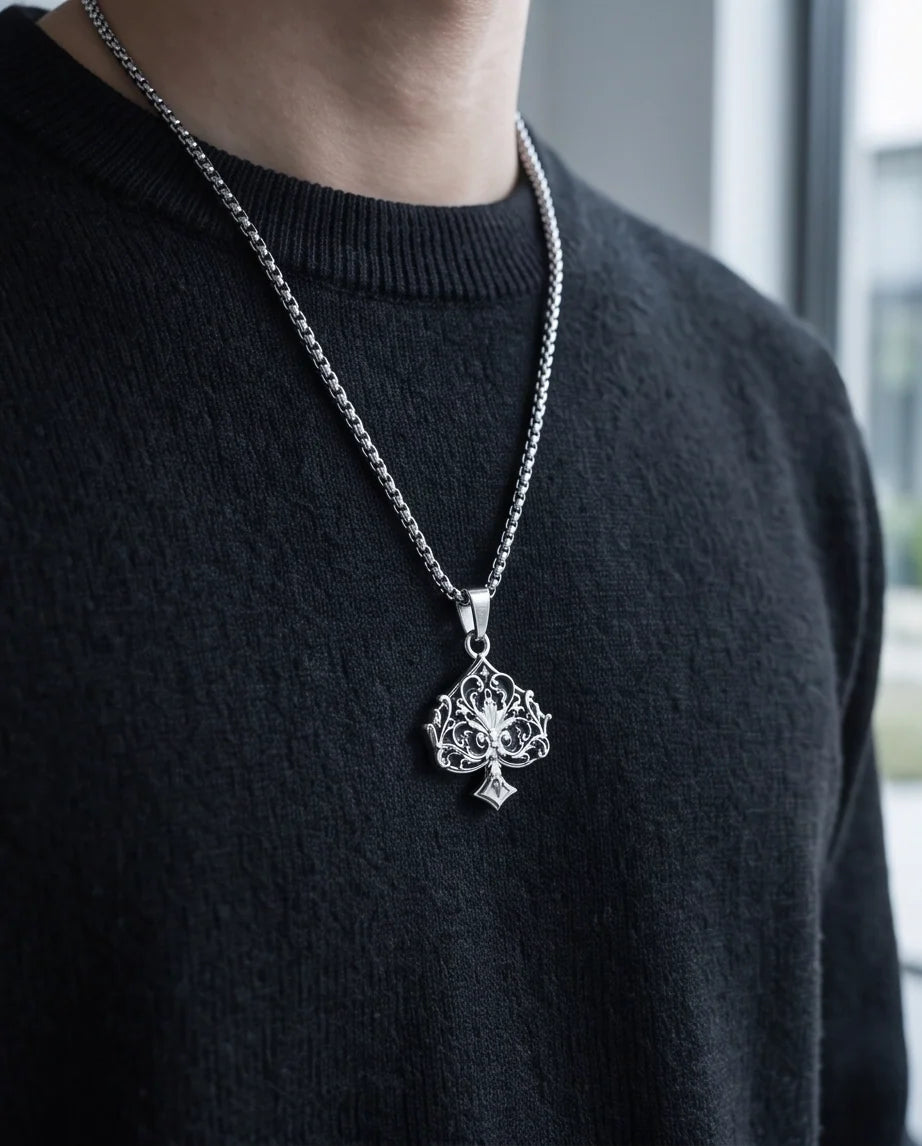 Silver Filigree Ace of Spades Pendant Necklace