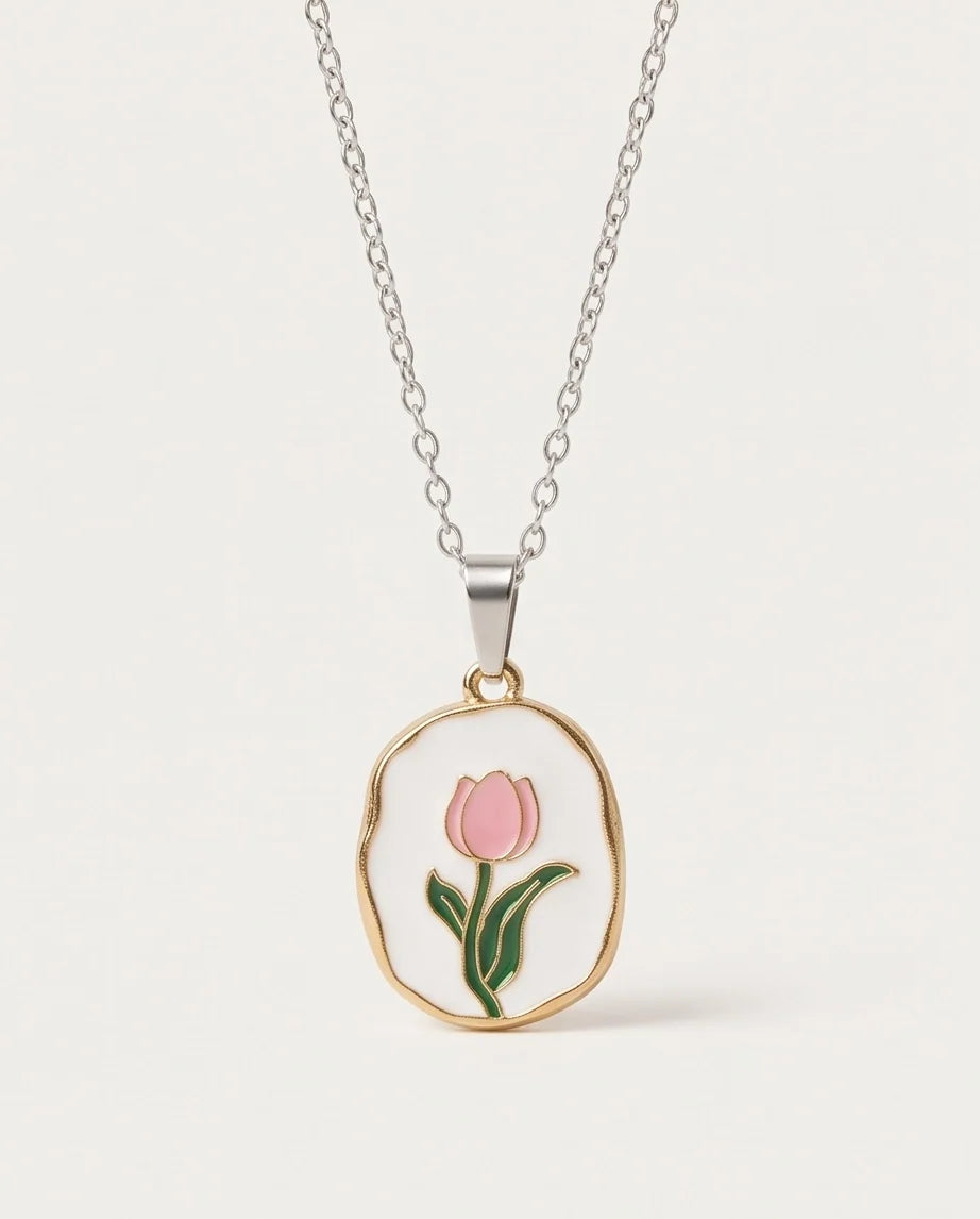 Gold Pink Tulip Enamel Medallion Chain Necklace