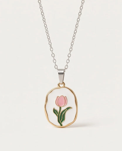 Gold Pink Tulip Enamel Medallion Chain Necklace