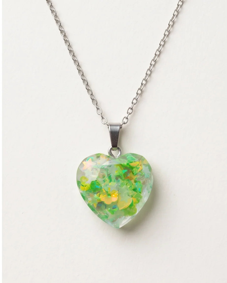 Silver Lime Green Glitter Heart Resin Pendant Necklace