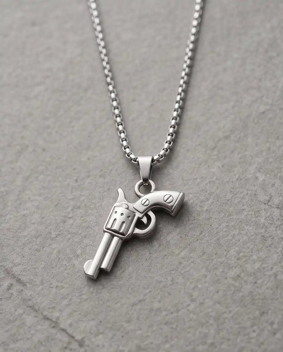 Vintage Revolver Handgun Weapon Pendant Box Chain