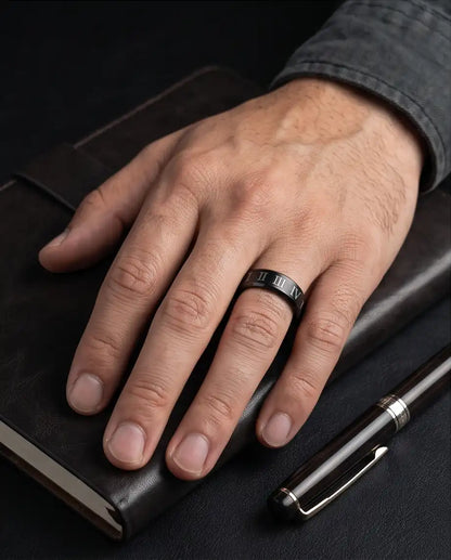 Black Roman Numeral Engraved Band Ring