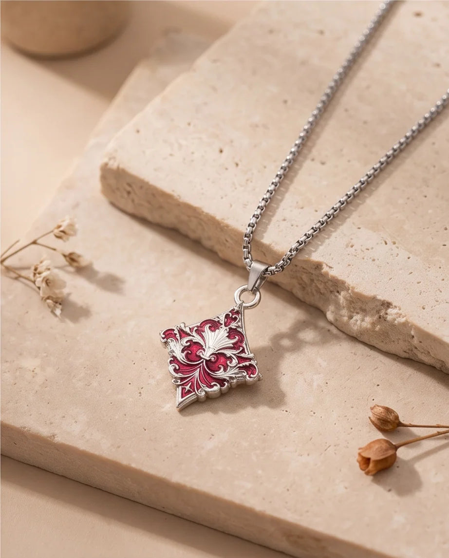 Silver Red Enamel Filigree Diamond Pendant Necklace