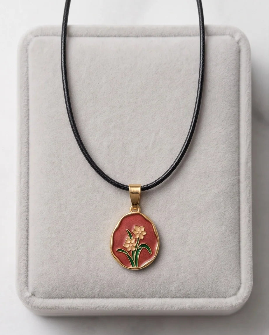 Gold Pink Floral Enamel Medallion Chain Necklace