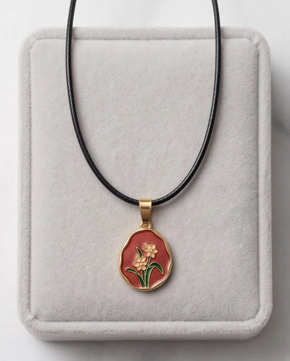 Gold Pink Floral Enamel Medallion Chain Necklace