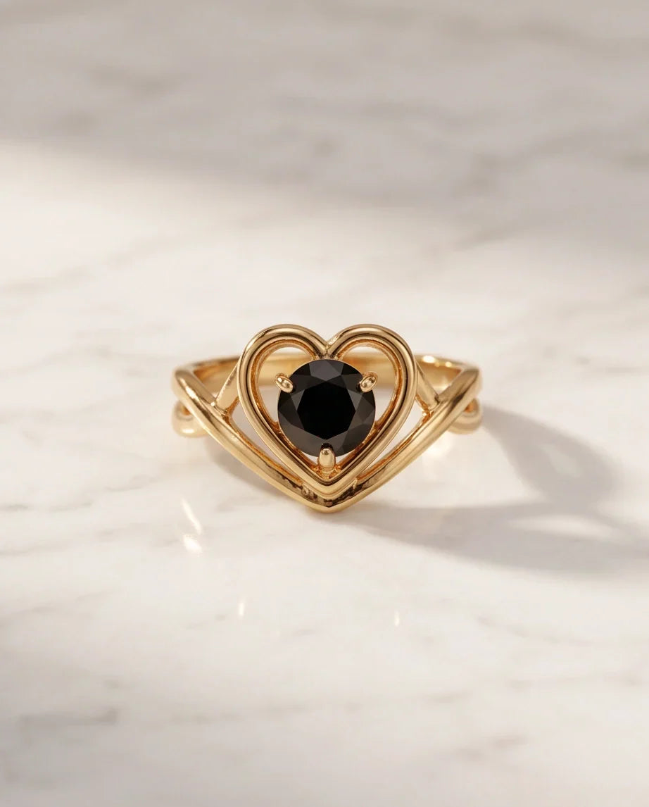 Gold Black Diamond Heart Openwork Ring