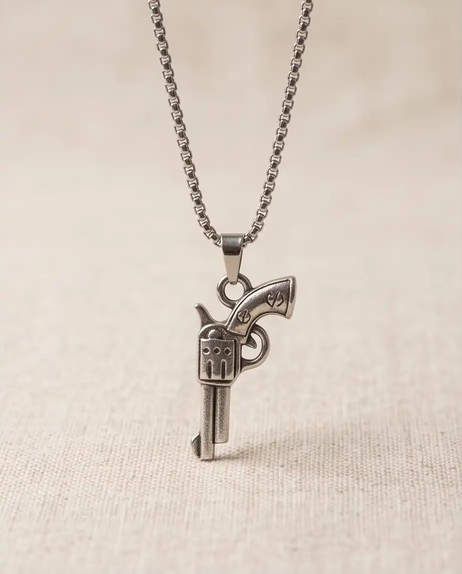 Vintage Revolver Handgun Weapon Pendant Box Chain