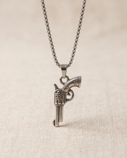 Vintage Revolver Handgun Weapon Pendant Box Chain