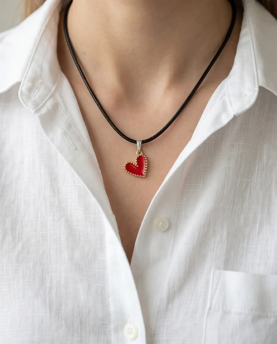 Gold and Textured Red Heart Necklace