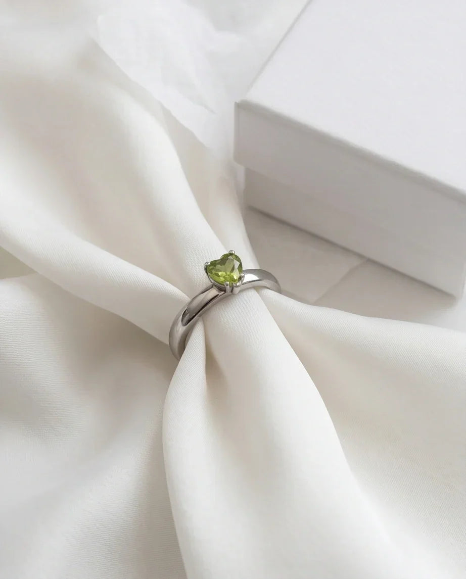 Sterling Silver Heart-Cut Peridot Green Solitaire Ring