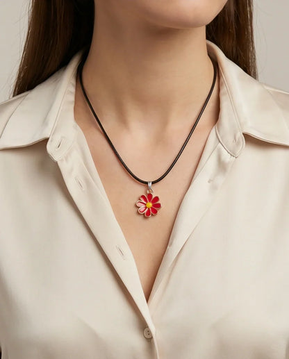 Gold and Red Daisy Pendant Necklace