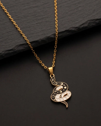 Gold Moon Phase Snake Enamel Pendant Necklace
