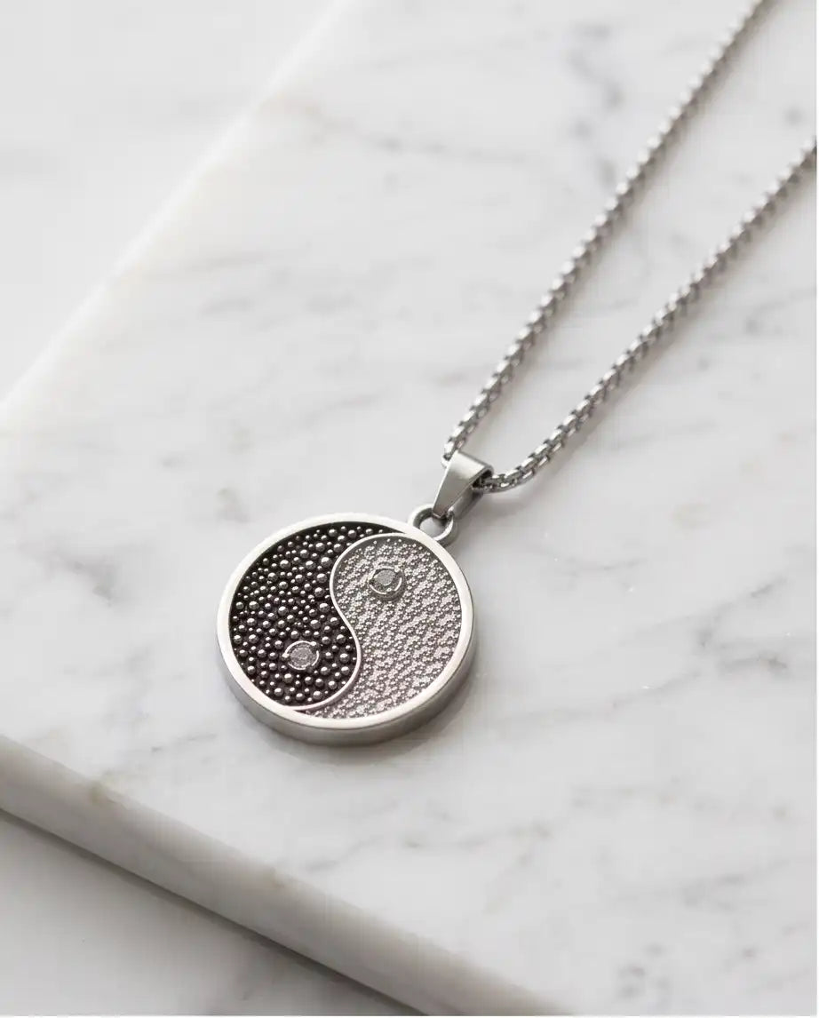 Cubic Zirconia Stippled Yin Yang Medallion Silver Box Chain Necklace