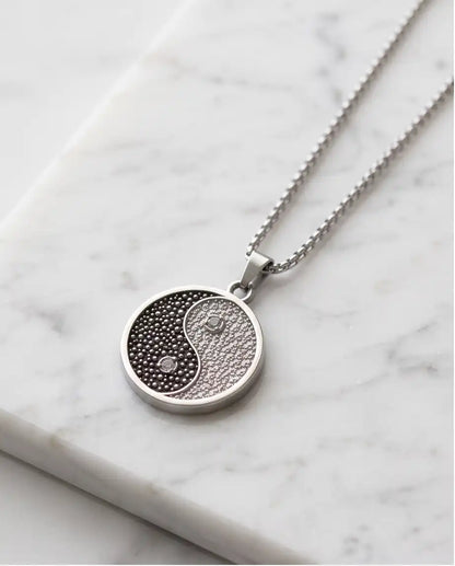 Cubic Zirconia Stippled Yin Yang Medallion Silver Box Chain Necklace