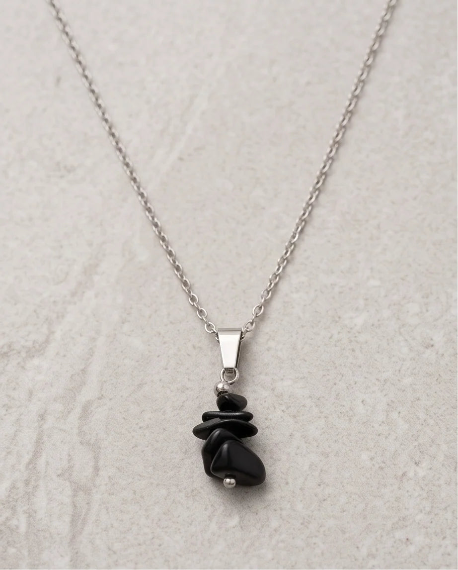 Silver Stacked Raw Black Obsidian Chip Stone Pendant Necklace