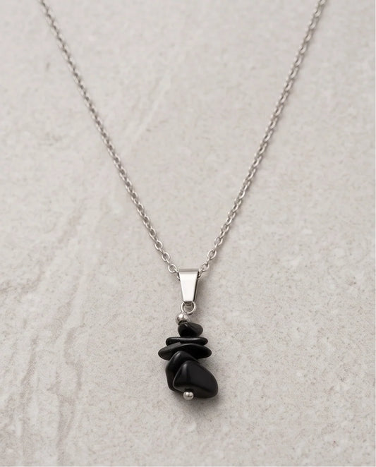 Silver Stacked Raw Black Obsidian Chip Stone Pendant Necklace