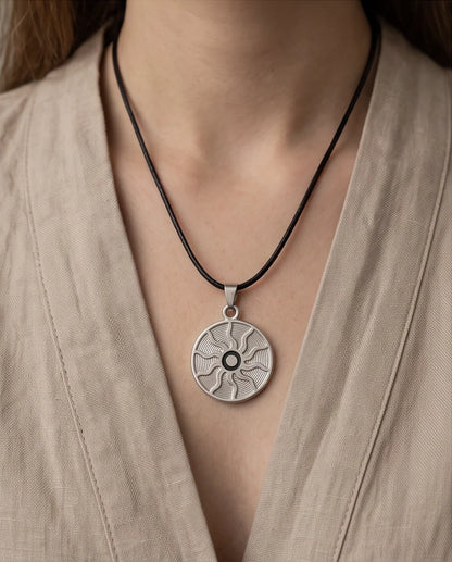 Silver Celestial Sunburst Medallion Cord Necklace